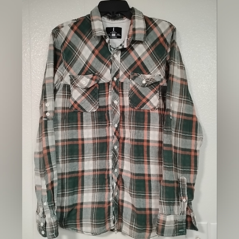 I Jeans By Buffalo Green Orange Lightweight Long Sleeve Button Shirt Sz Large